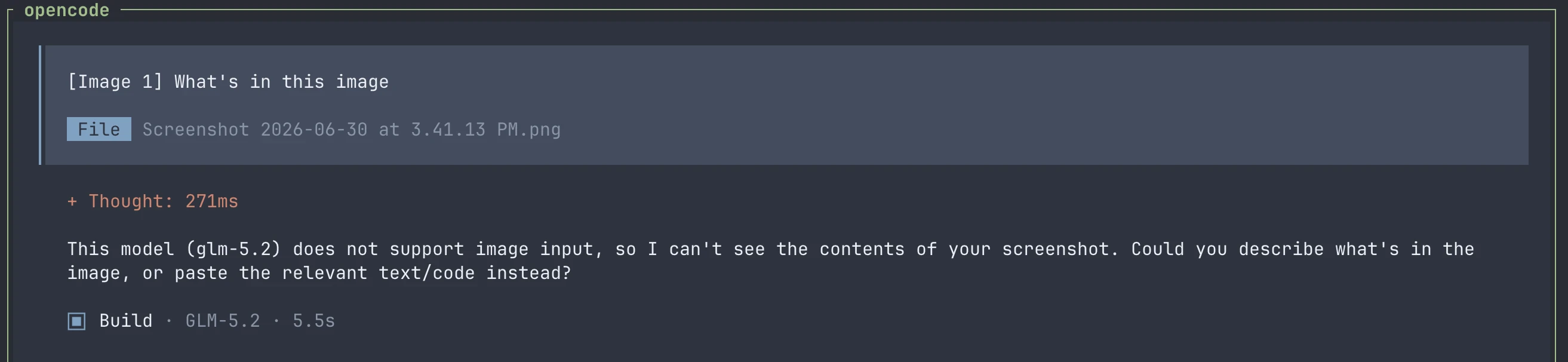 OpenCode prompt with an attached image where GLM-5.2 reports that it cannot inspect images.