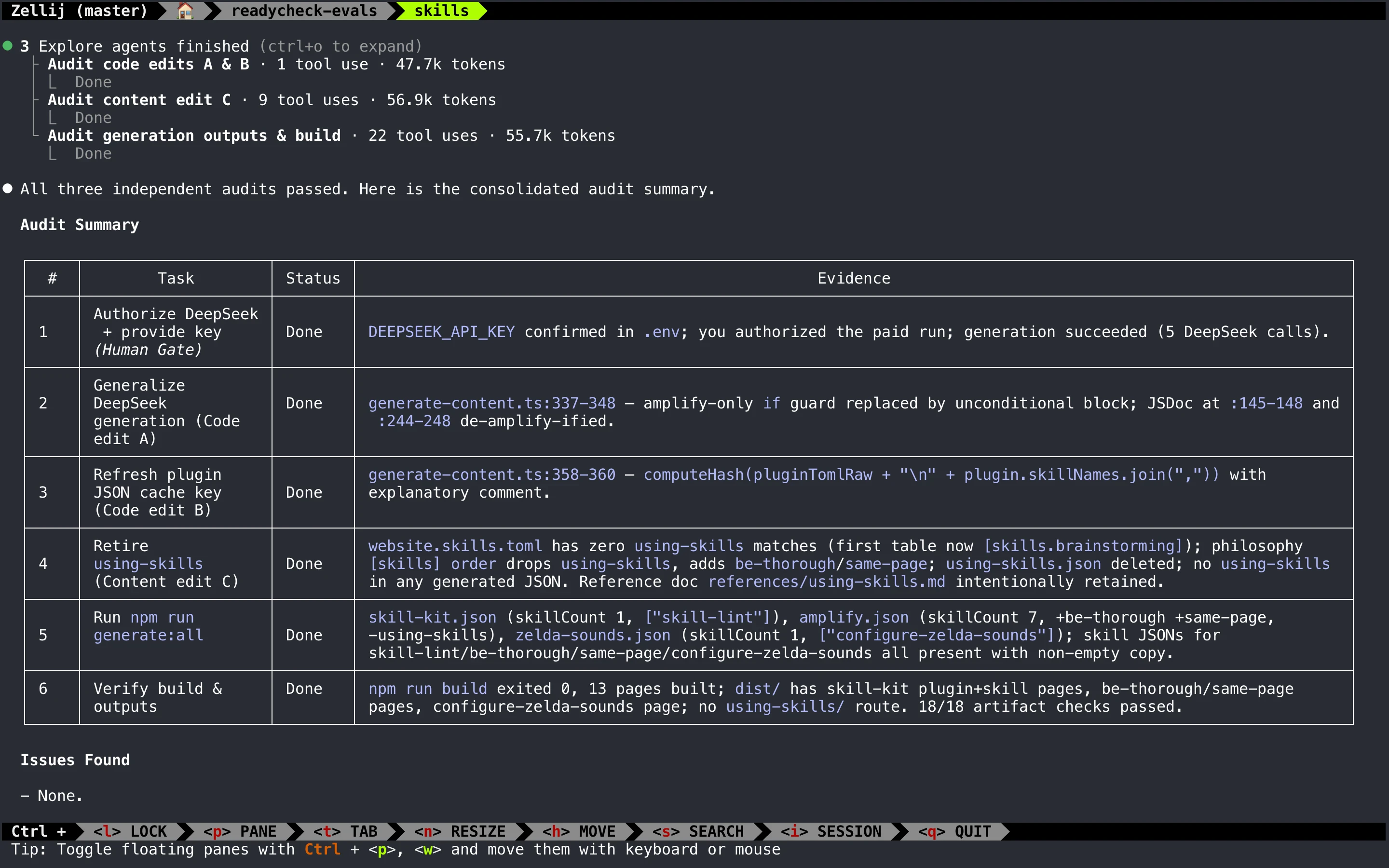 A screenshot of Claude Code in a Zellij terminal after amplify audit subagents finish. Three explore agents report done status with token counts; a consolidated audit summary table lists six tasks (human gate, code edits, content edit, generate:all, and build verification) as Done with file-level evidence; the Issues Found section reports none.