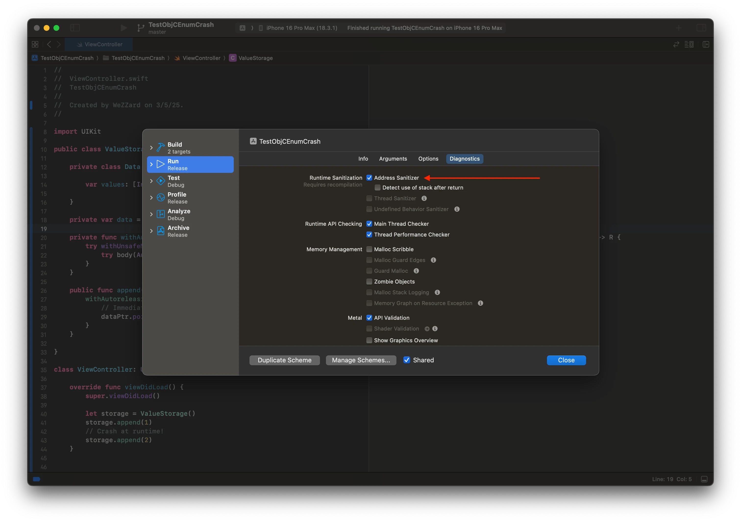 Enable Address Sanitizer in Xcode