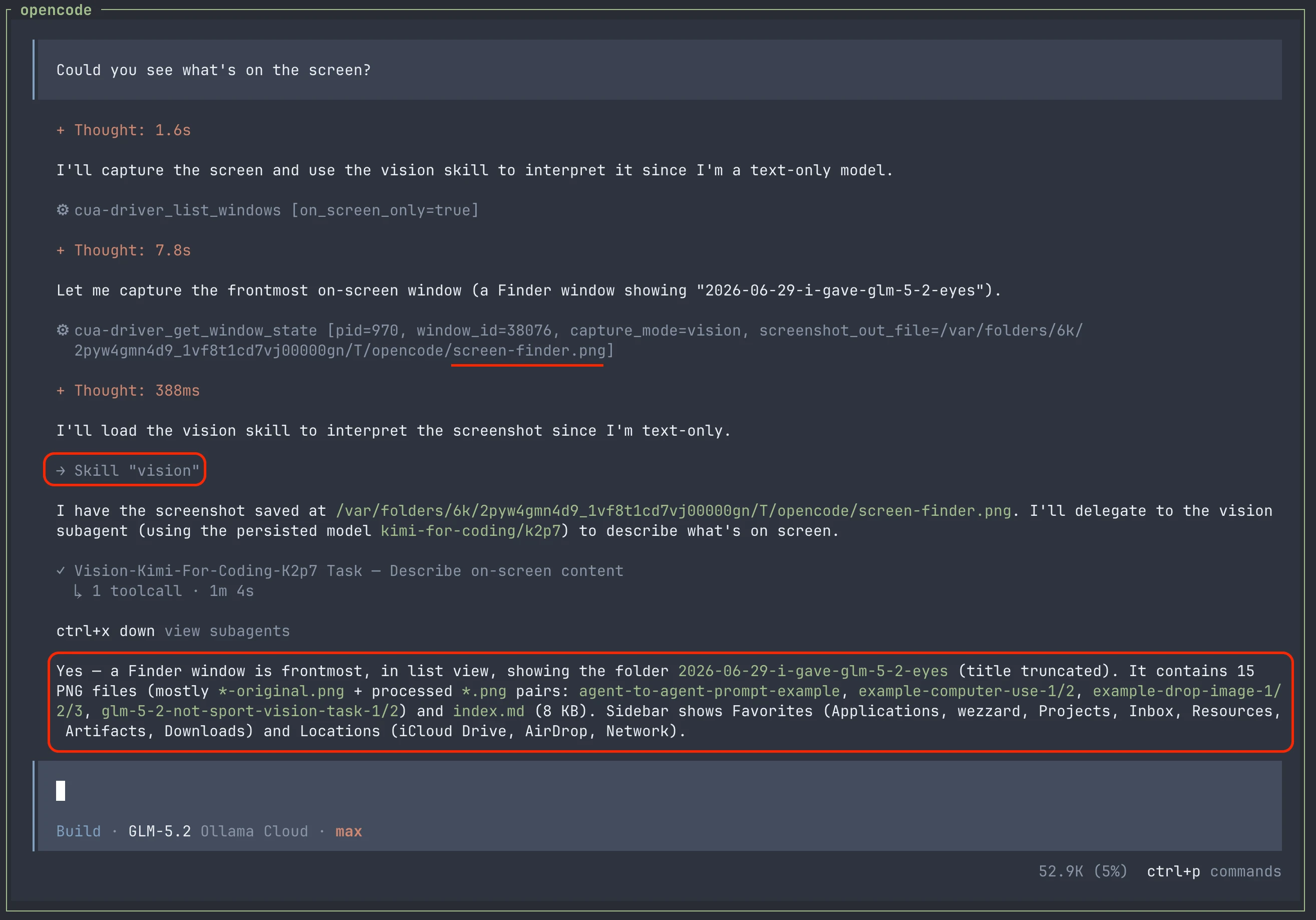 OpenCode computer-use example where GLM-5.2 captures a Finder window with cua-driver, loads the vision skill, and returns a screen description.